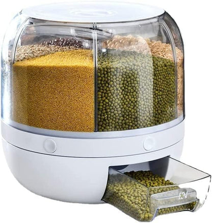 NARUIA 6-Grid Rotating Food Dispenser - Stackable Cereal, Rice, and Grain Storage Container with Measuring Cup (White)