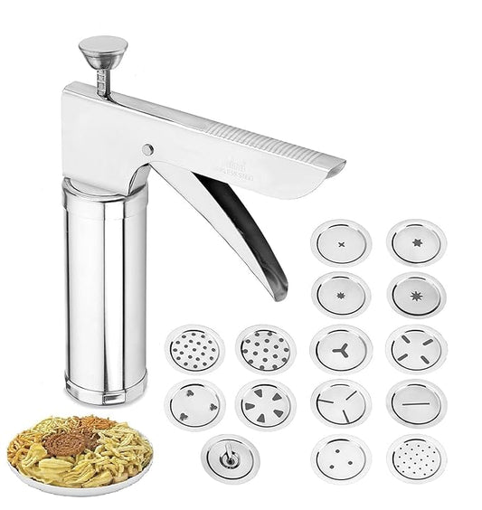 15 in 1 Stainless Steel Kitchen Press | idiyappam Maker | Murukku Machine | Chakli Maker | Sev | Noodles | Gathiya | Bhujiya | Cookies | Farsan Namkeen Snacks Maker
