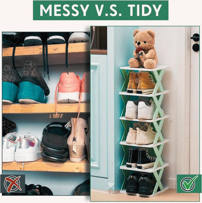 6 Layer Plastic Shoe Rack for Home Stackable & Adjustable Shoe Organizer Shelf for Entryway, Bedroom & Corner Use Space-Saving Foldable Stand with Book & Shoe Storage Slots (6 Layer)