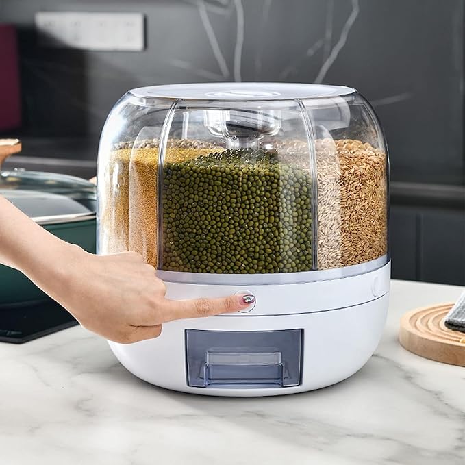 NARUIA 6-Grid Rotating Food Dispenser - Stackable Cereal, Rice, and Grain Storage Container with Measuring Cup (White)