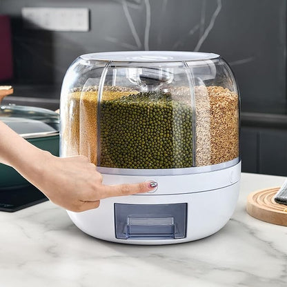 NARUIA 6-Grid Rotating Food Dispenser - Stackable Cereal, Rice, and Grain Storage Container with Measuring Cup (White)