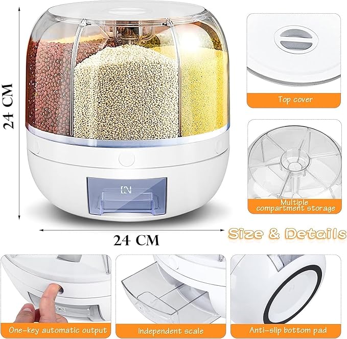 NARUIA 6-Grid Rotating Food Dispenser - Stackable Cereal, Rice, and Grain Storage Container with Measuring Cup (White)