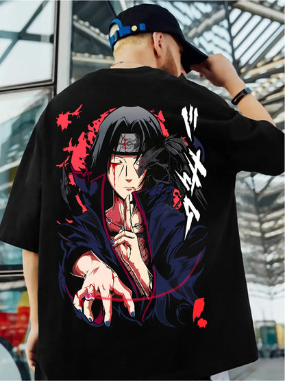 Anime Printed oversize drop shoulder round neck pure cotton Black T-shirt for men