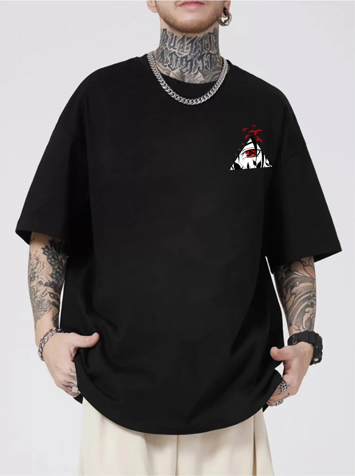Anime Printed oversize drop shoulder round neck pure cotton Black T-shirt for men